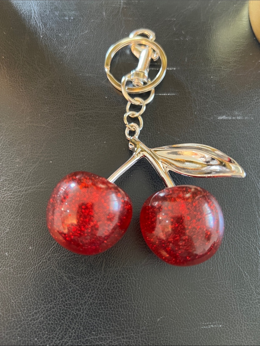 Sparkling Glittery Large Red Cherry Keychain-NWOT